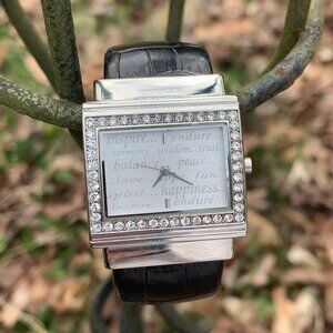 Chicos Silver/Black Leather Inspirational Dial Bangle Bracelet Women's Watch